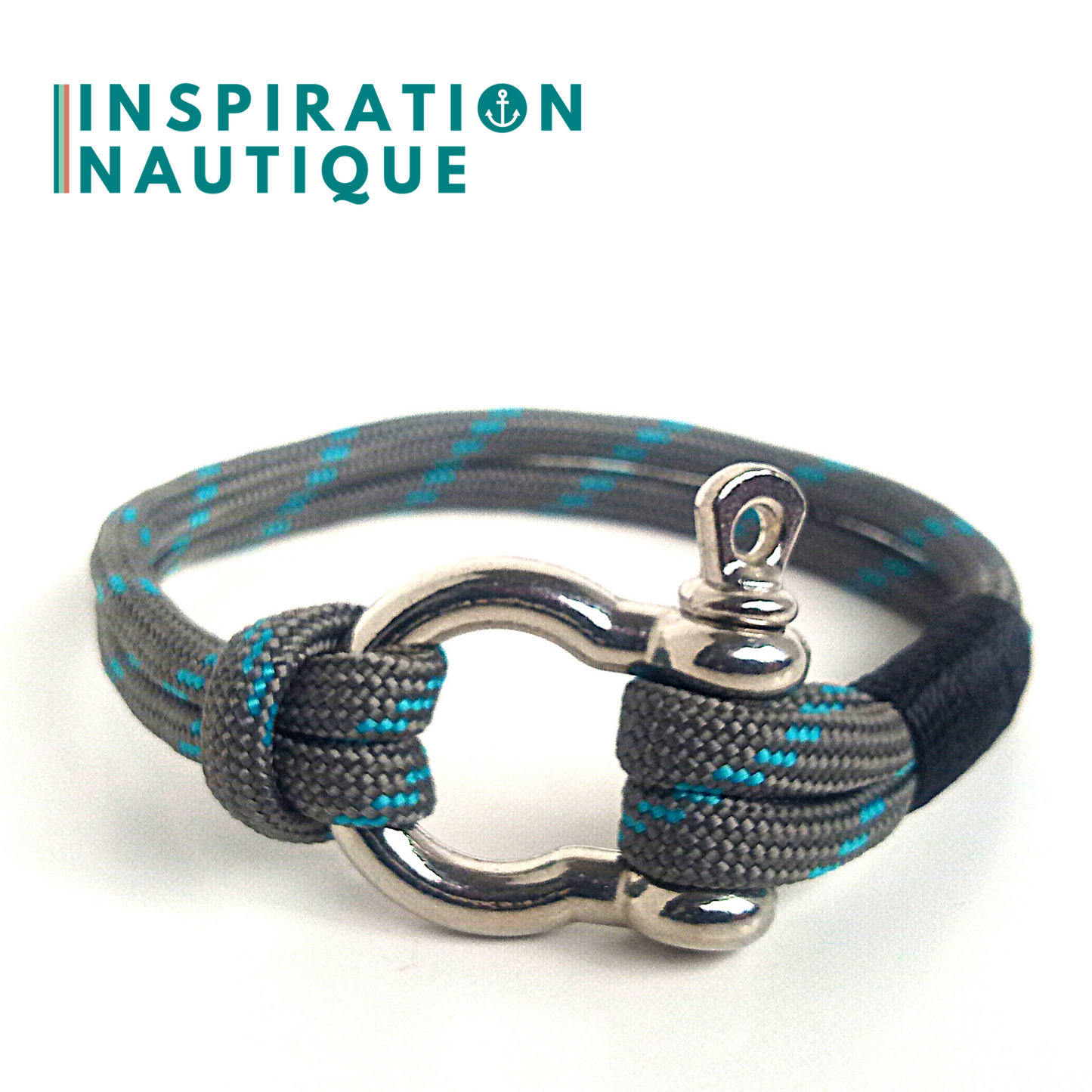 Ready to go | Marine bracelet with shackle for men or women in 550 paracord and stainless steel, Gray with turquoise tracer, Black binding, Medium-Large