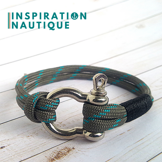 Bracelet marin avec manille en paracorde 550 et acier inoxydable, Gris avec traceur turquoise