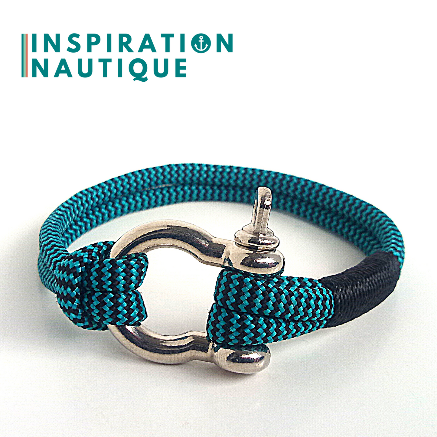 Bracelet marin avec manille en paracorde 550 et acier inoxydable, Turquoise et noir, zigzags, Surliure noire, Medium-Large