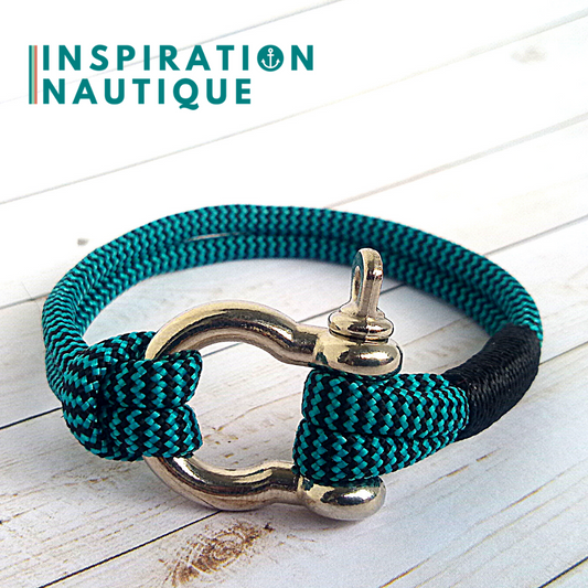 Bracelet marin avec manille en paracorde 550 et acier inoxydable, Turquoise et noir, zigzags