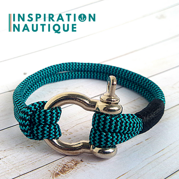 Bracelet marin avec manille pour homme ou femme en paracorde 550 et acier inoxydable, Turquoise et noir, zigzags