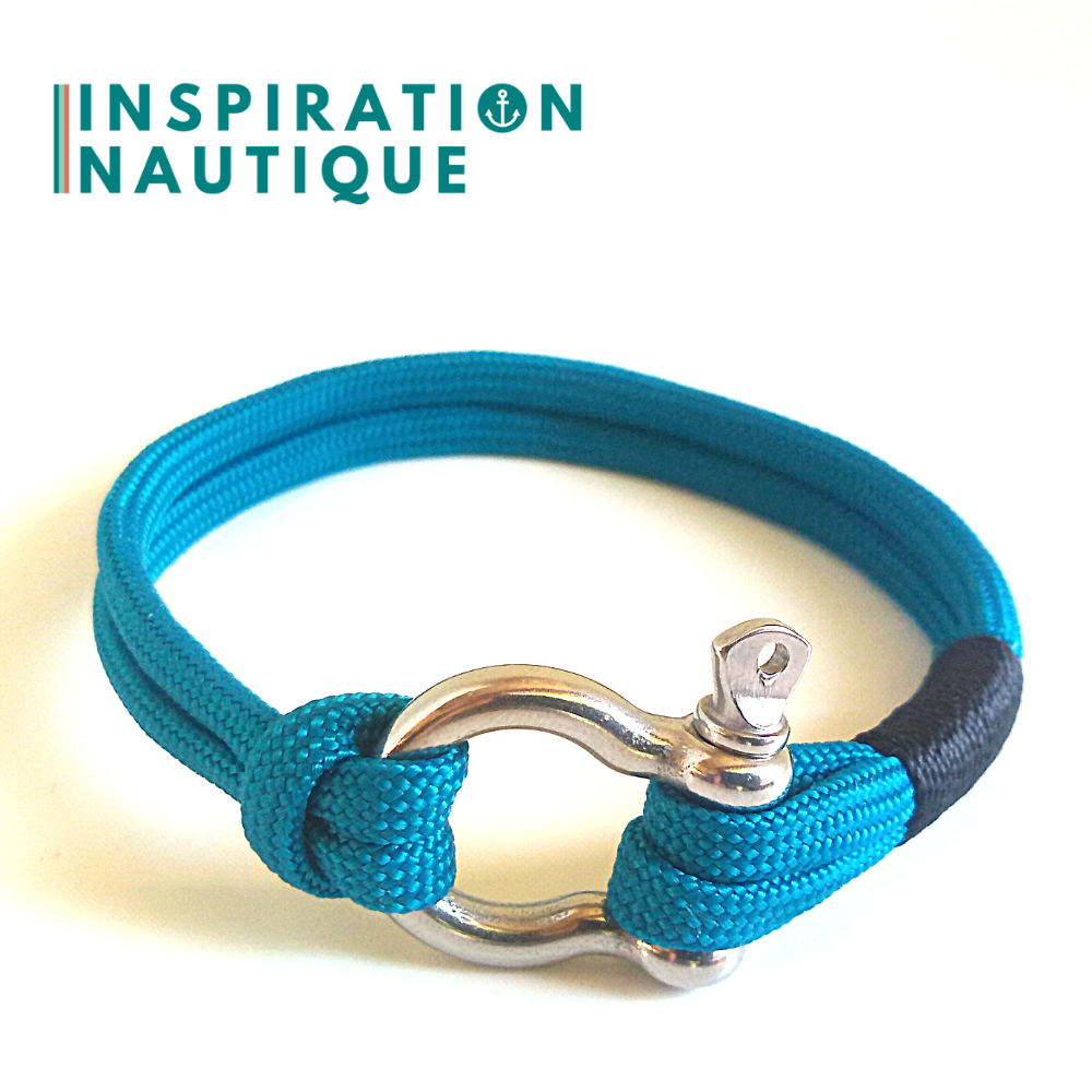 Bracelet marin avec manille en paracorde 550 et acier inoxydable, Bleu Caraïbes, Surliure noire, Medium-Large