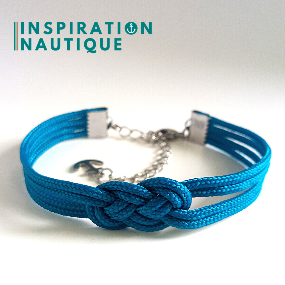 Bracelet marin avec mini noeud de carrick double, en petite paracorde et acier inoxydable, Bleu Caraïbes, Medium