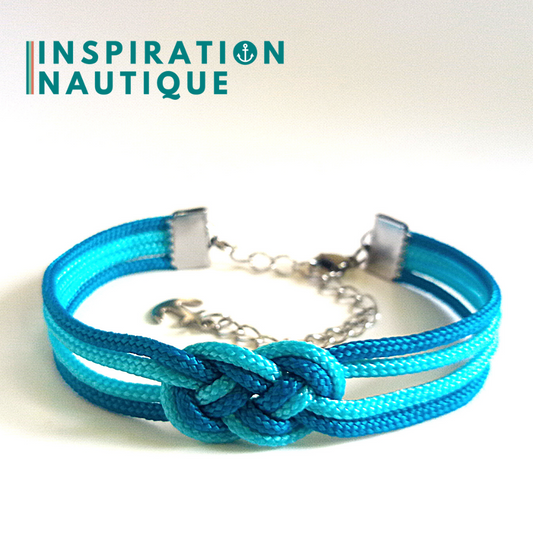 Bracelet marin avec mini noeud de carrick double, en petite paracorde et acier inoxydable, Turquoise et bleu Caraïbes, Medium