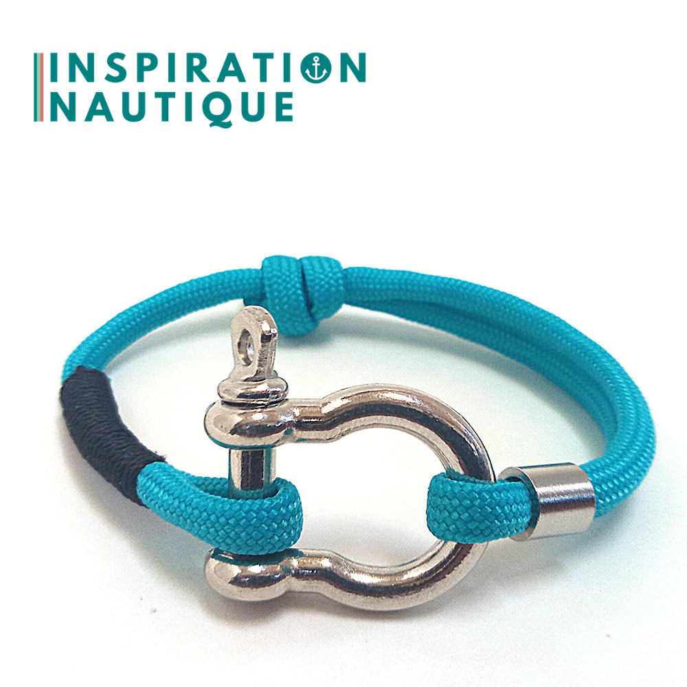 Marine bracelet with shackle for men or women in 550 paracord and stainless steel, adjustable, Turquoise