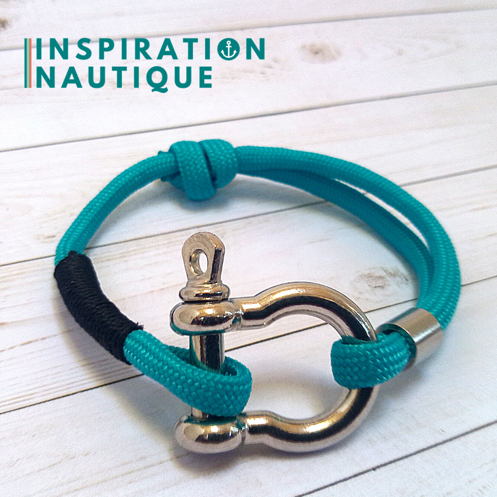 Marine bracelet with shackle for men or women in 550 paracord and stainless steel, adjustable, Turquoise