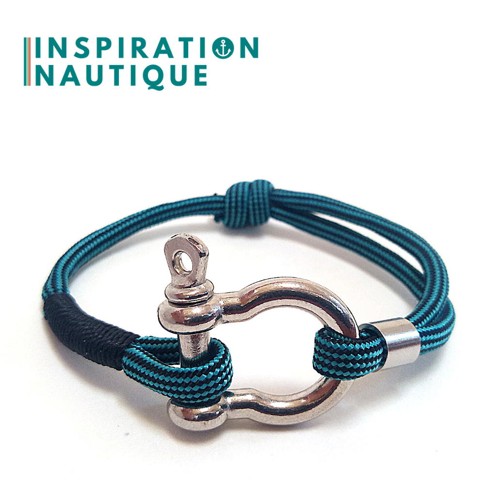 Marine bracelet with shackle for men or women in 550 paracord and stainless steel, adjustable, Turquoise and black, lined