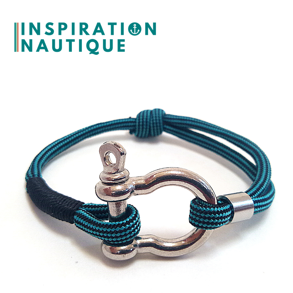 Bracelet marin avec manille en paracorde 550 et acier inoxydable, ajustable, Turquoise et noir, ligné, Surliure noire, Medium