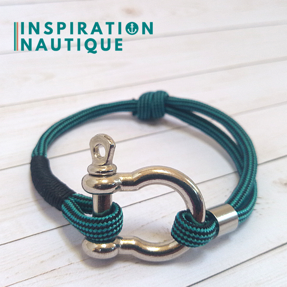 Marine bracelet with shackle for men or women in 550 paracord and stainless steel, adjustable, Turquoise and black, lined