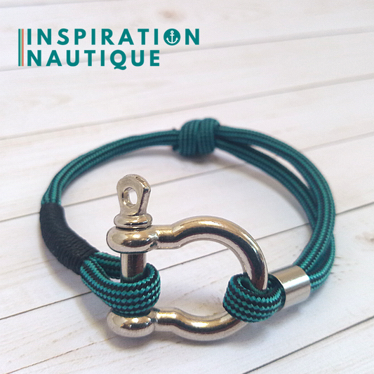 Bracelet marin avec manille en paracorde 550 et acier inoxydable, ajustable, Turquoise et noir, ligné