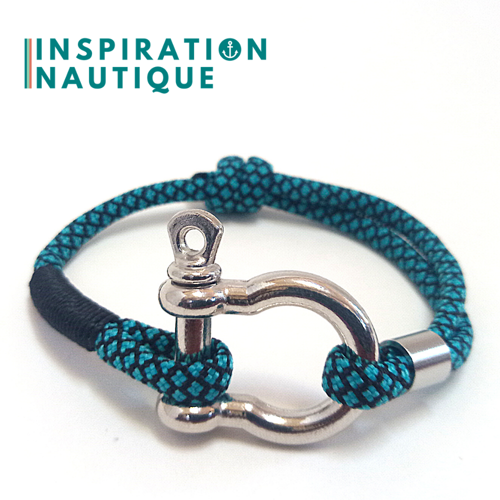 Marine bracelet with shackle for men or women in 550 paracord and stainless steel, adjustable, Turquoise and black, diamonds