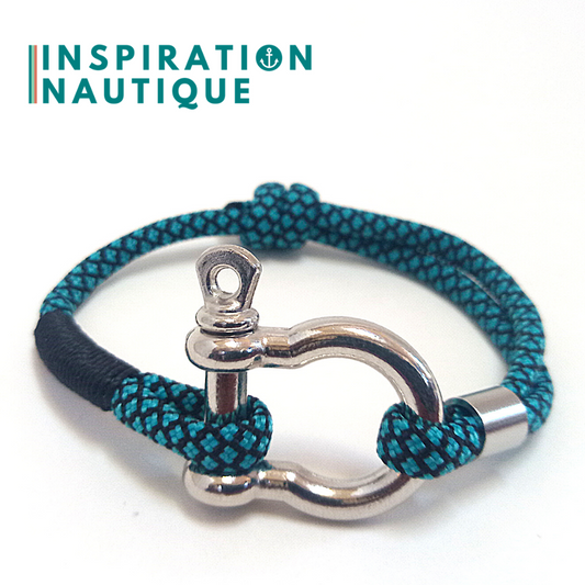 Bracelet marin avec manille en paracorde 550 et acier inoxydable, ajustable, Turquoise et noir, diamants, Surliure noire, Medium