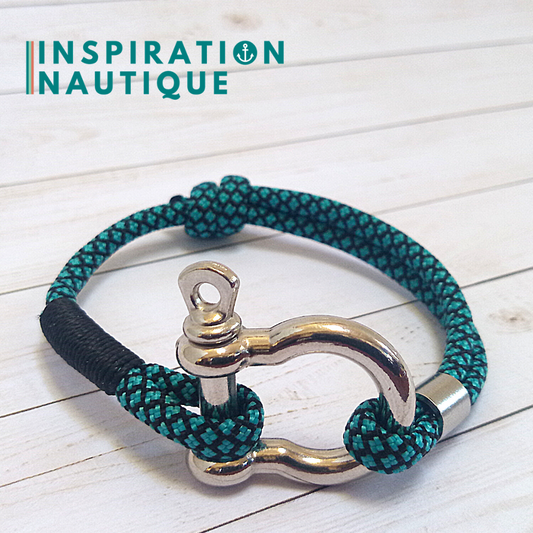 Marine bracelet with shackle for men or women in 550 paracord and stainless steel, adjustable, Turquoise and black, diamonds