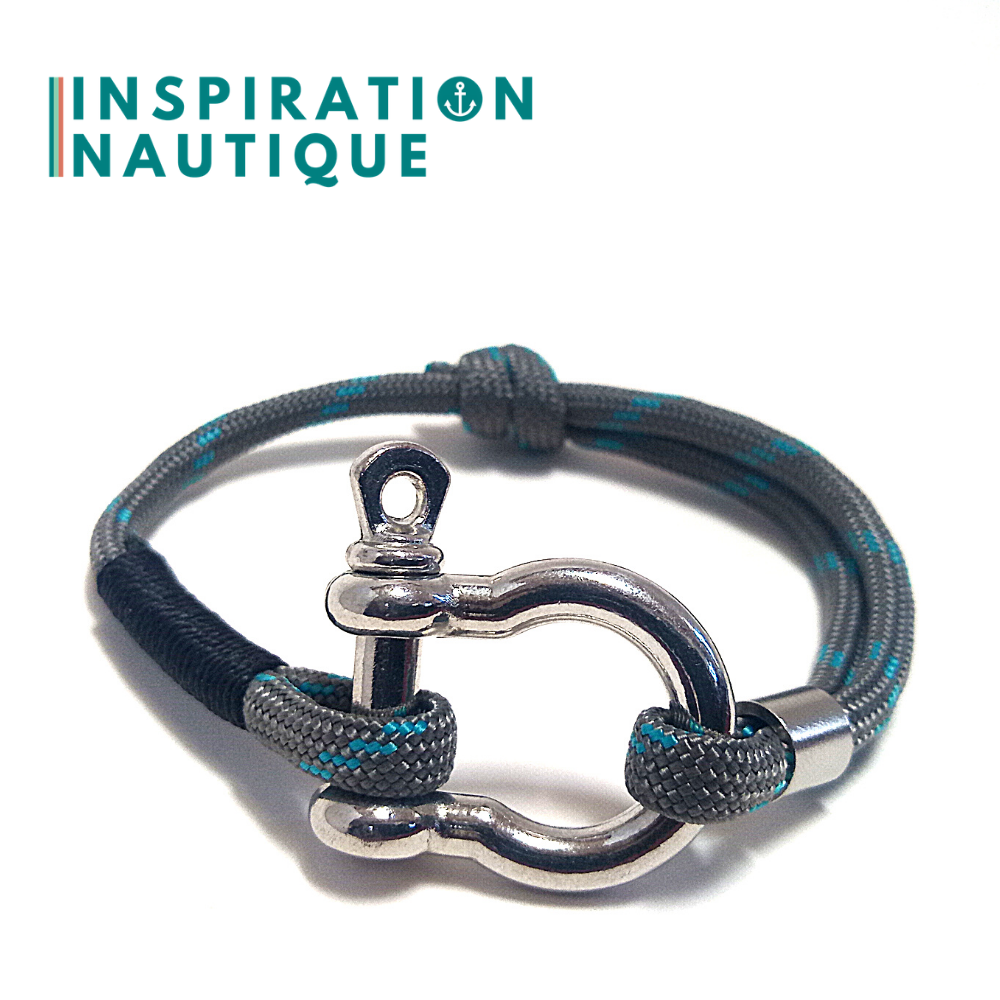 Marine bracelet with shackle for men or women in 550 paracord and stainless steel, adjustable, Gray with turquoise tracer