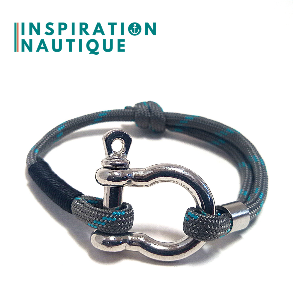 Bracelet marin avec manille en paracorde 550 et acier inoxydable, ajustable, Gris avec traceur turquoise, Surliure noire, Medium