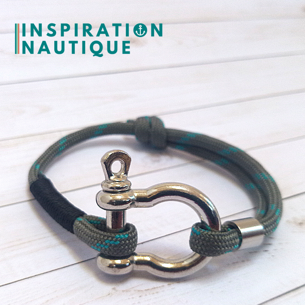 Marine bracelet with shackle for men or women in 550 paracord and stainless steel, adjustable, Gray with turquoise tracer