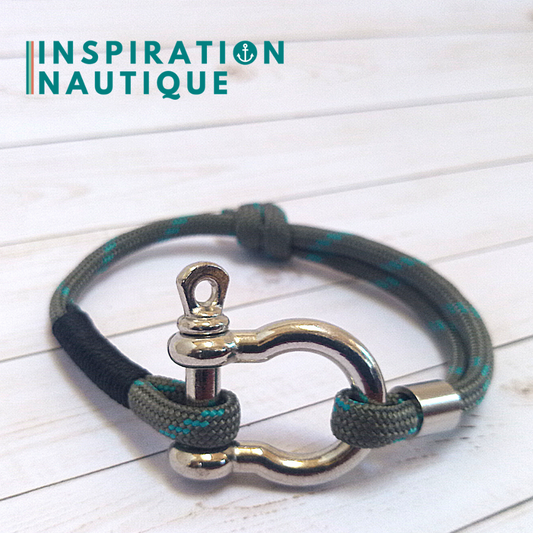 Marine bracelet with shackle for men or women in 550 paracord and stainless steel, adjustable, Gray with turquoise tracer