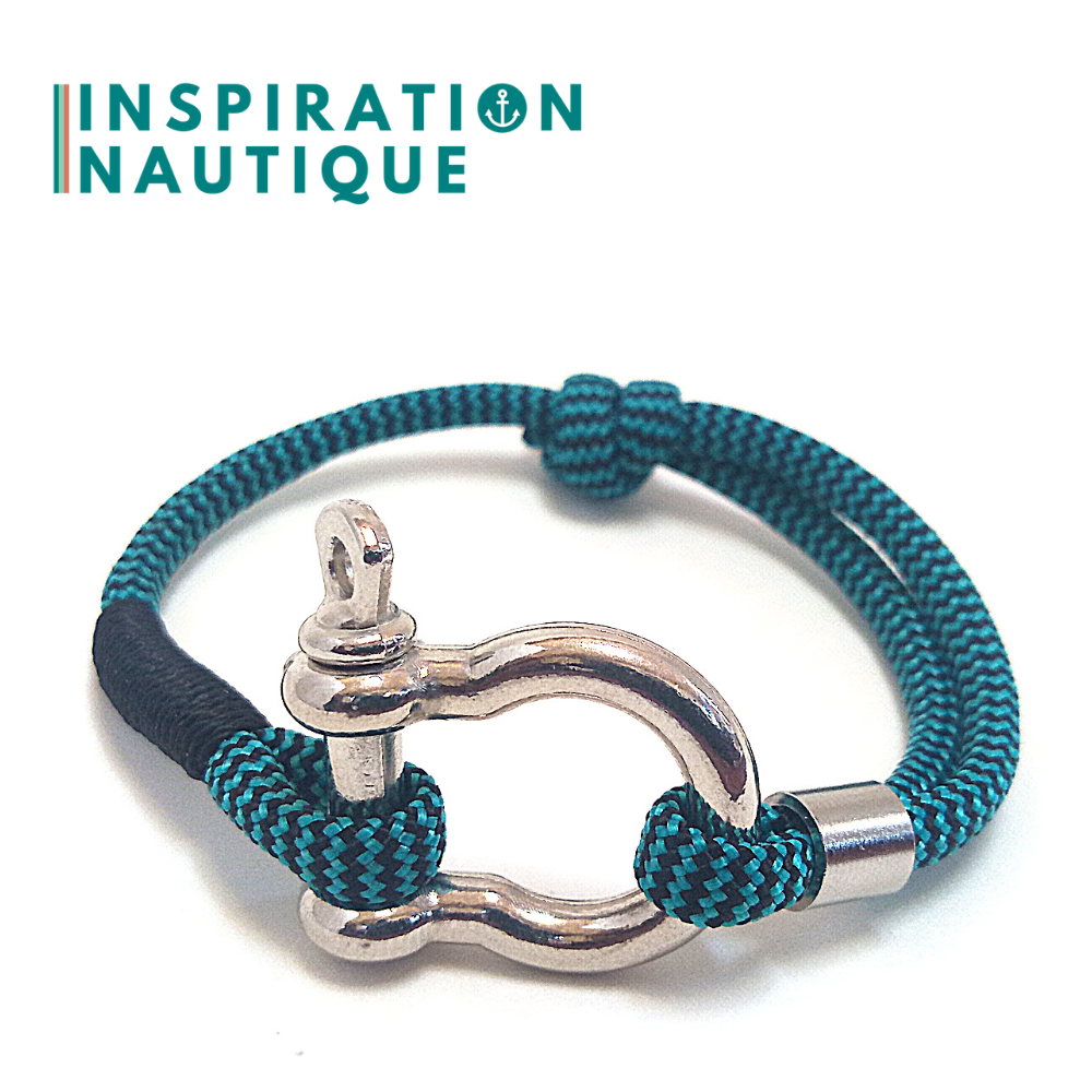 Marine bracelet with shackle for men or women in 550 paracord and stainless steel, adjustable, Turquoise and black, zigzags