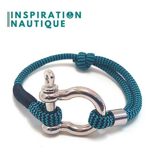 Bracelet marin avec manille en paracorde 550 et acier inoxydable, ajustable, Turquoise et noir, zigzags, surliure noire, Medium