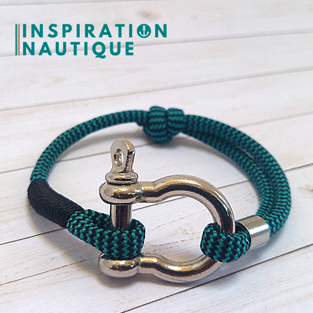 Marine bracelet with shackle for men or women in 550 paracord and stainless steel, adjustable, Turquoise and black, zigzags