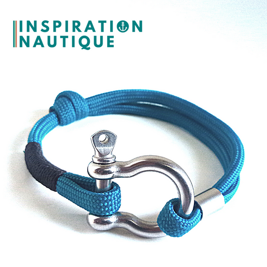 Bracelet marin avec manille en paracorde 550 et acier inoxydable, ajustable, Bleu Caraïbes, Surliure noire, Medium