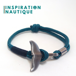 Prêt-à-partir | Bracelet marin avec queue de baleine pour femme ou homme en paracorde 550 et acier inoxydable, ajustable, Turquoise et noir, ligné, Surliure noire, Small
