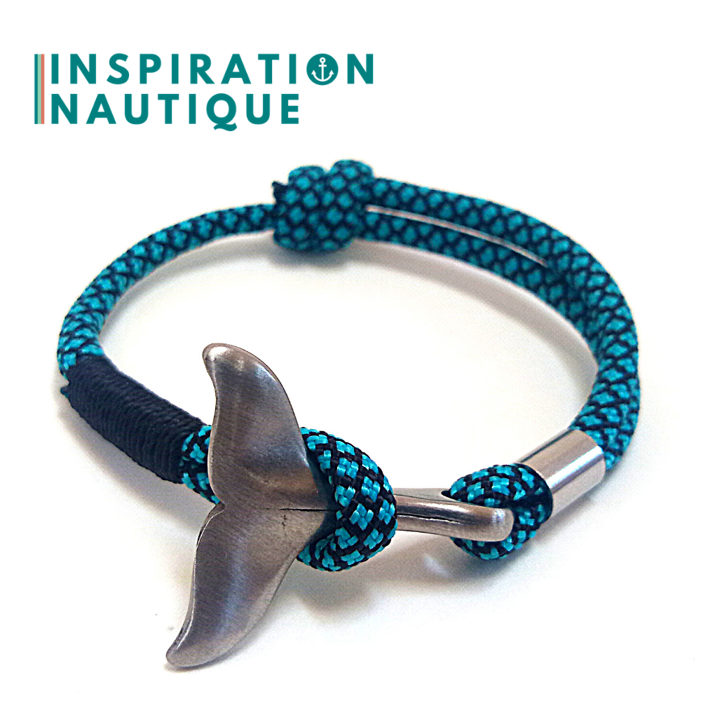 Bracelet marin avec queue de baleine pour femme ou homme en paracorde 550 et acier inoxydable, ajustable, Turquoise et noir, diamants