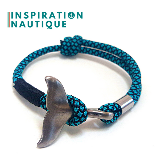 Bracelet marin avec queue de baleine en paracorde 550 et acier inoxydable, ajustable, Turquoise et noir, diamants, surliure noire, Small