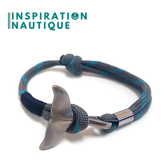 Bracelet marin avec queue de baleine en paracorde 550 et acier inoxydable, ajustable, Gris avec traceur turquoise, Surliure noire, Small