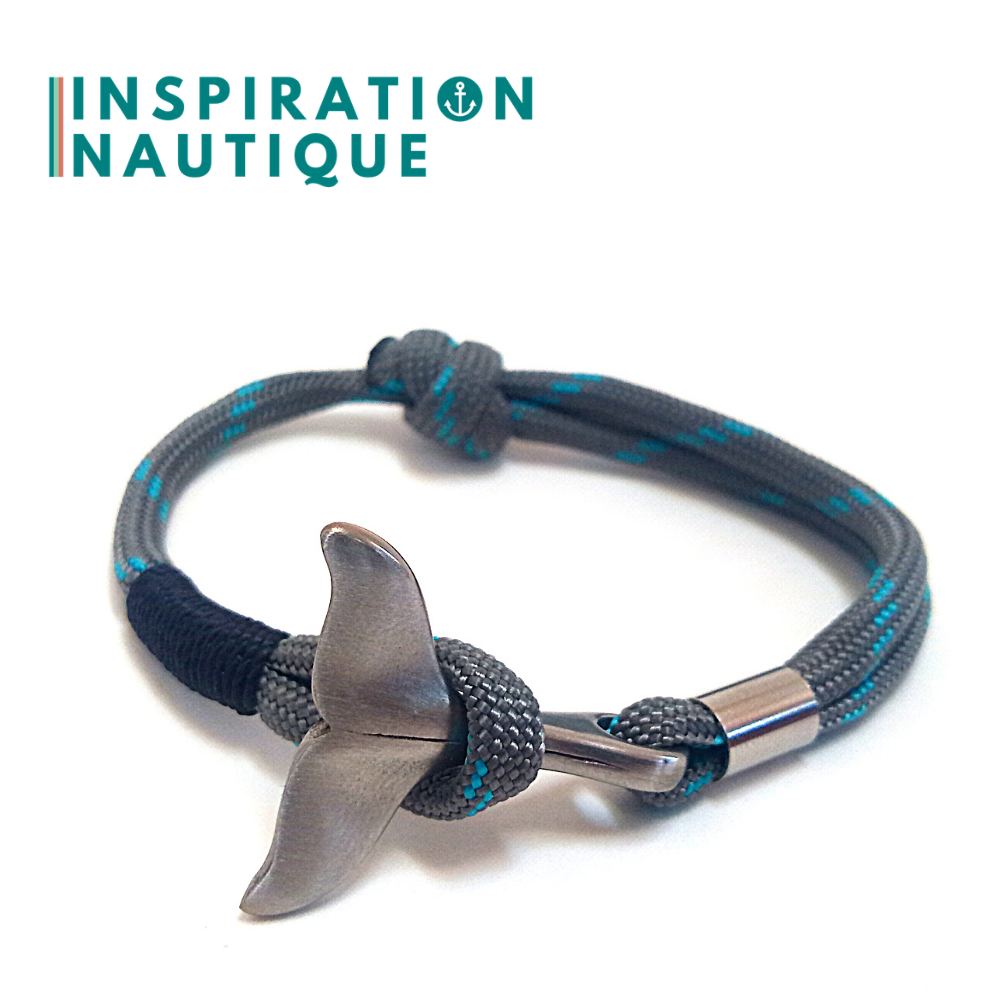 Bracelet marin avec queue de baleine en paracorde 550 et acier inoxydable, ajustable, Gris avec traceur turquoise, Surliure noire, Medium