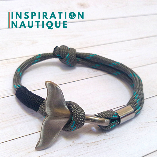 Bracelet marin avec queue de baleine pour femme ou homme en paracorde 550 et acier inoxydable, ajustable, Gris avec traceur turquoise