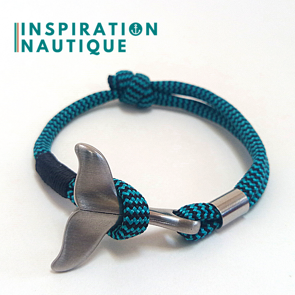 Bracelet marin avec queue de baleine pour femme ou homme en paracorde 550 et acier inoxydable, ajustable, Turquoise et noir, zigzags