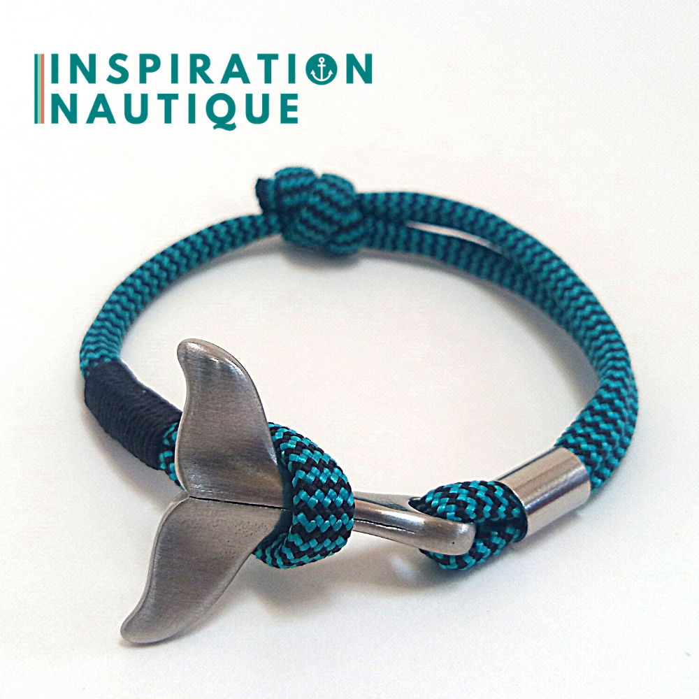 Bracelet marin avec queue de baleine en paracorde 550 et acier inoxydable, ajustable, Turquoise et noir, zigzags, Surliure noire, Large
