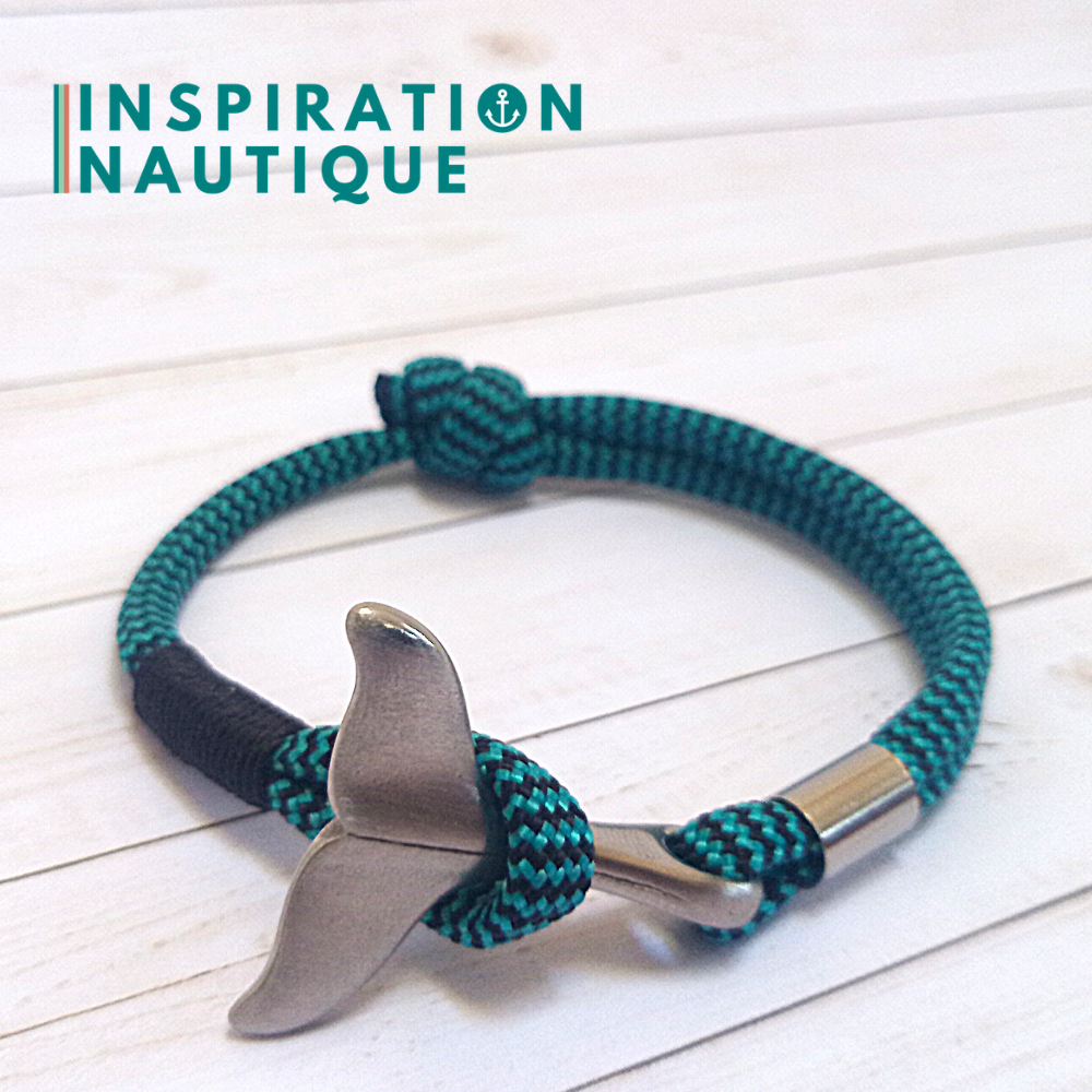 Bracelet marin avec queue de baleine pour femme ou homme en paracorde 550 et acier inoxydable, ajustable, Turquoise et noir, zigzags