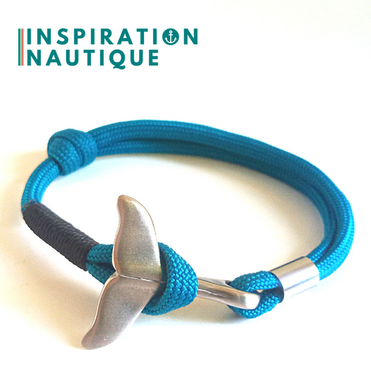 Bracelet marin avec queue de baleine en paracorde 550 et acier inoxydable, ajustable, Bleu caraïbes, Surliure noire, Medium