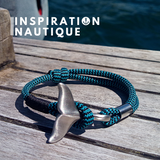 Bracelet marin avec queue de baleine pour femme ou homme en paracorde 550 et acier inoxydable, ajustable, Turquoise et noir, zigzags