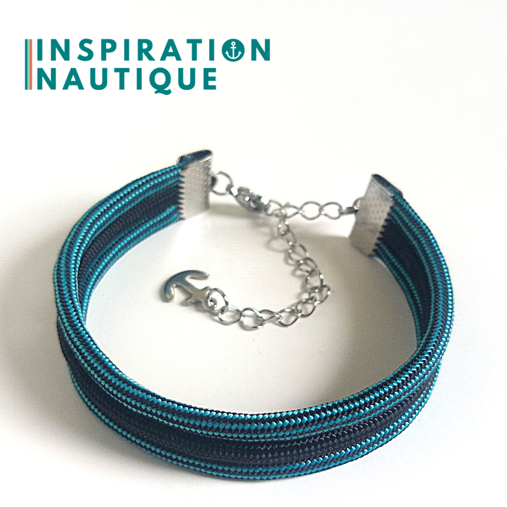 Bracelet marin triple rayures en paracorde 550 et acier inoxydable, Turquoise et noir ligné, avec accent noir
