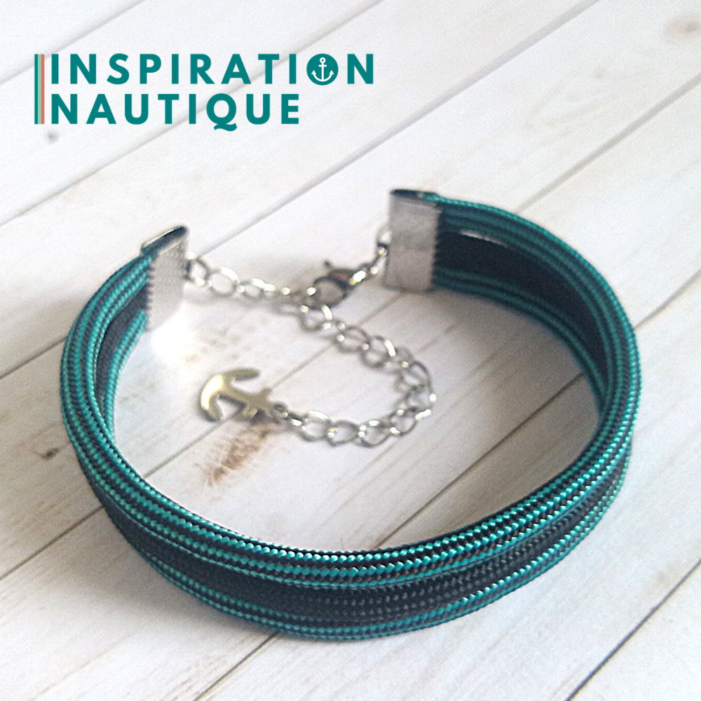 Bracelet marin triple rayures en paracorde 550 et acier inoxydable, Turquoise et noir ligné, avec accent noir