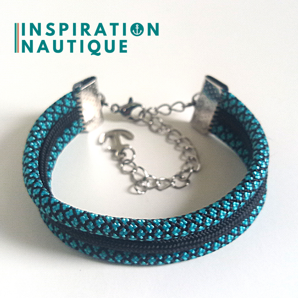 Bracelet marin triple rayures en paracorde 550 et acier inoxydable, Turquoise et noir, diamants, avec accent noir