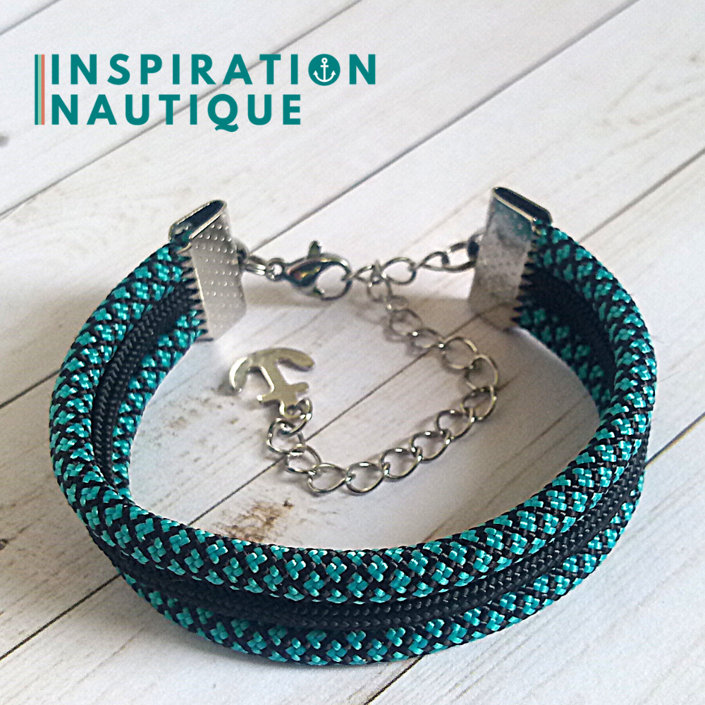 Bracelet marin triple rayures en paracorde 550 et acier inoxydable, Turquoise et noir, diamants, avec accent noir