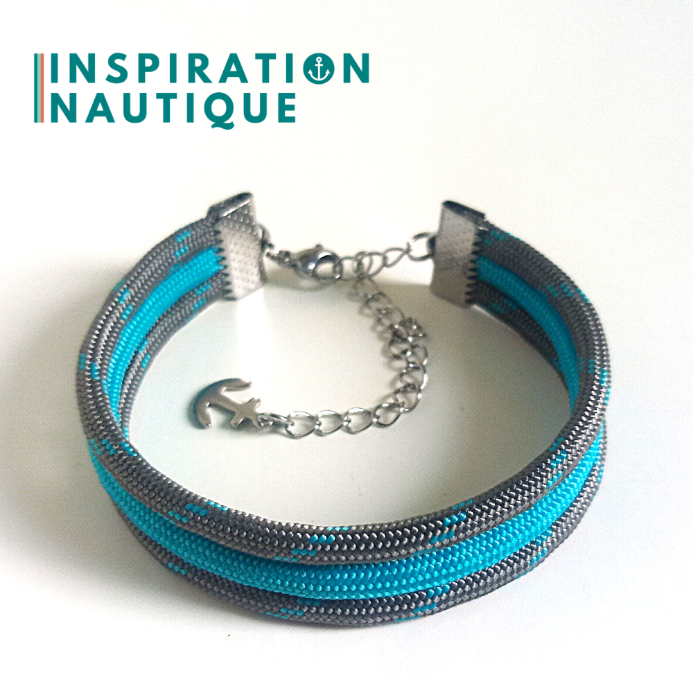 Bracelet marin triple rayures en paracorde 550 et acier inoxydable, Gris avec traceur turquoise, et turquoise, Medium
