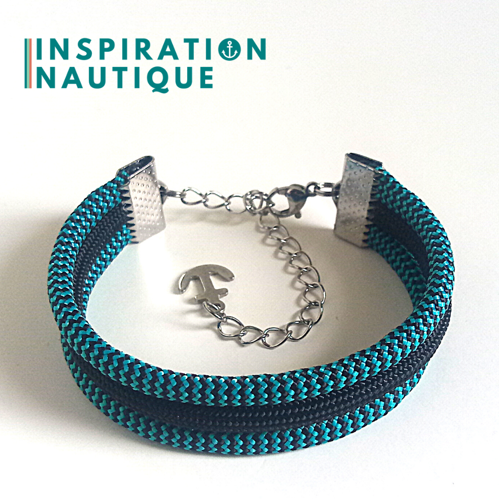 Bracelet marin triple rayures en paracorde 550 et acier inoxydable, Turquoise et noir, zigzags, avec accent noir