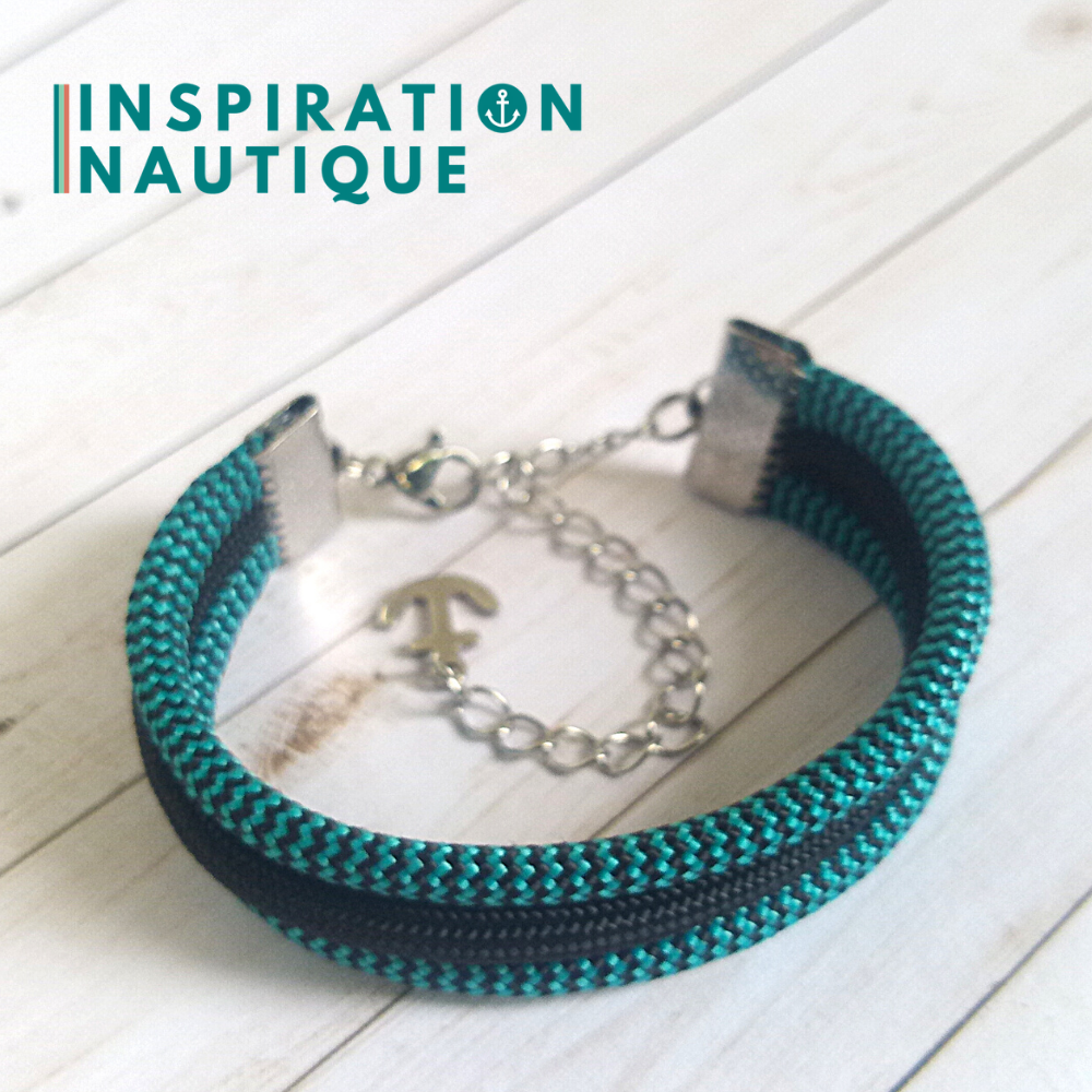 Bracelet marin triple rayures en paracorde 550 et acier inoxydable, Turquoise et noir, zigzags, avec accent noir