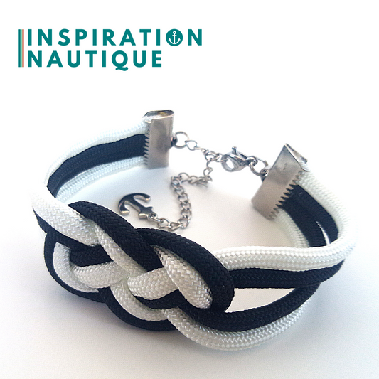Bracelet marin avec noeud de carrick double, en paracorde 550 et acier inoxydable, Noir et blanc, Medium