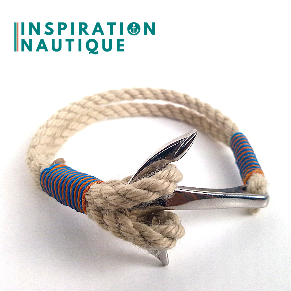 Bracelet marin avec ancre en cordage de bateau et acier inoxydable, Naturel et couleurs maritimes