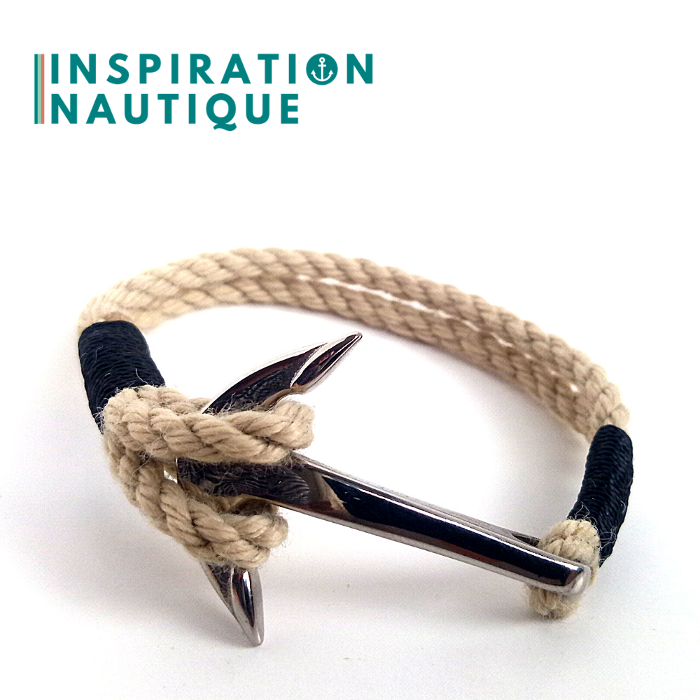 Bracelet marin avec ancre en cordage de bateau et acier inoxydable, Naturel et couleurs variées