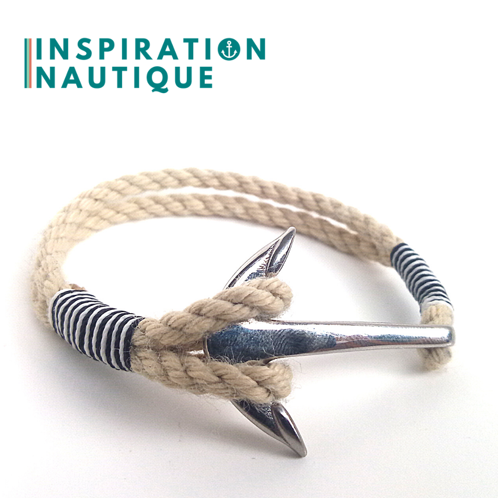 Bracelet marin avec ancre en cordage de bateau et acier inoxydable, Naturel et couleurs variées