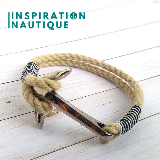 Bracelet marin avec ancre en cordage de bateau et acier inoxydable, Naturel et couleurs variées