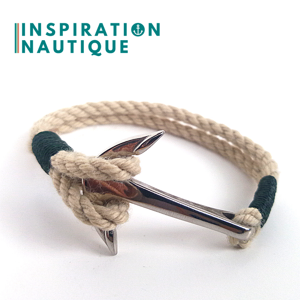 Bracelet marin avec ancre en cordage de bateau et acier inoxydable, Naturel et couleurs variées