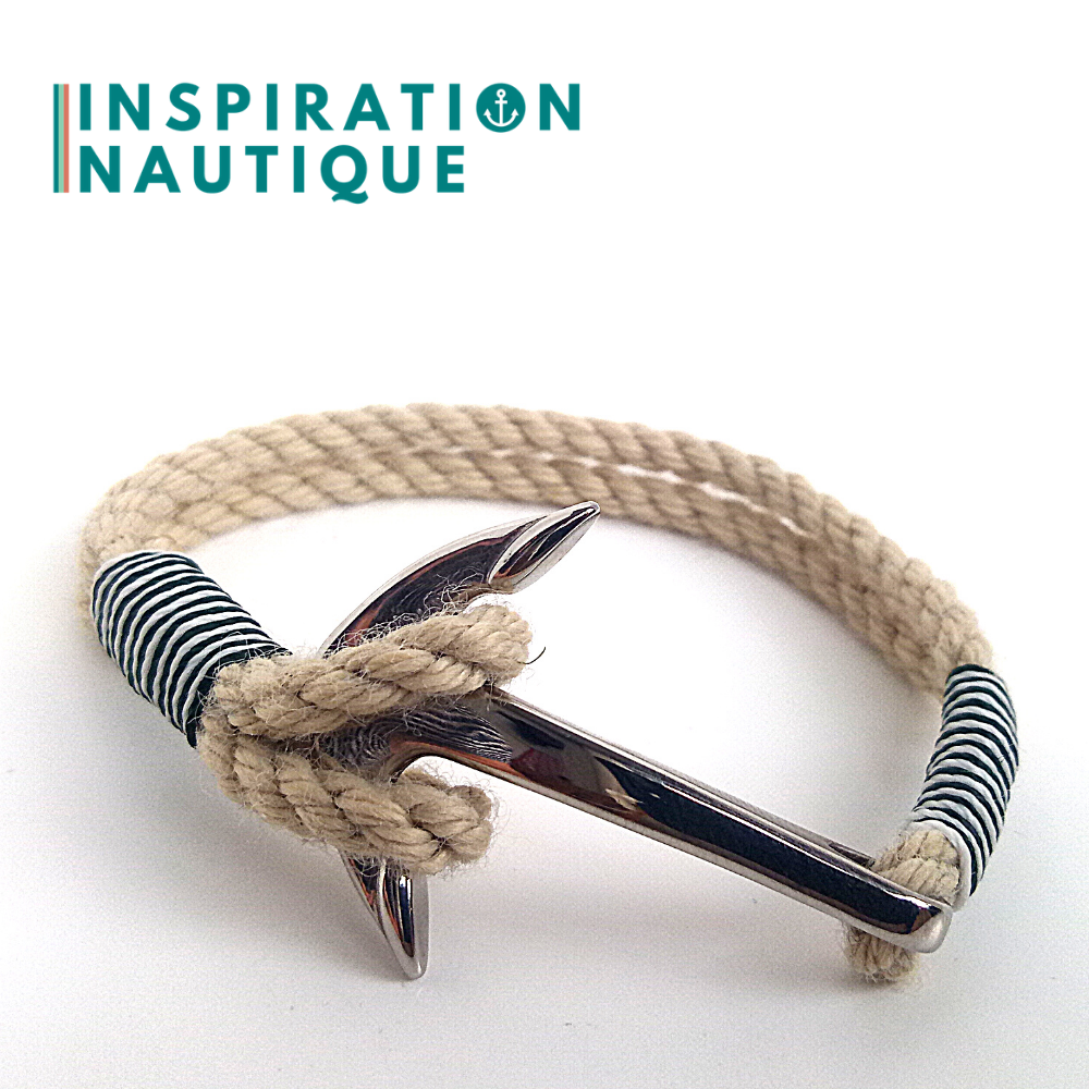 Bracelet marin avec ancre en cordage de bateau et acier inoxydable, Naturel et couleurs variées